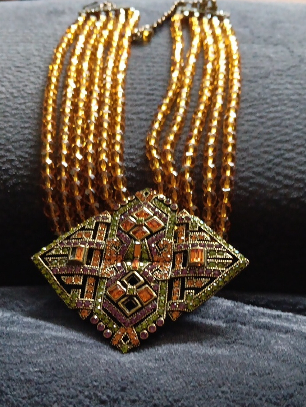 Heidi Daus China Multi-Row Gold Beaded Necklace with Ornate Multicolor Pendant